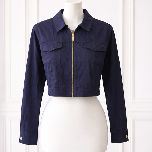 Jones New York Navy Cropped Utility Jacket Gold Zip NWT Size XL - Picture 2 of 7